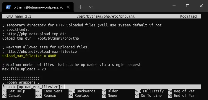 Bitnami WordPress Upload Max FileSize Increase