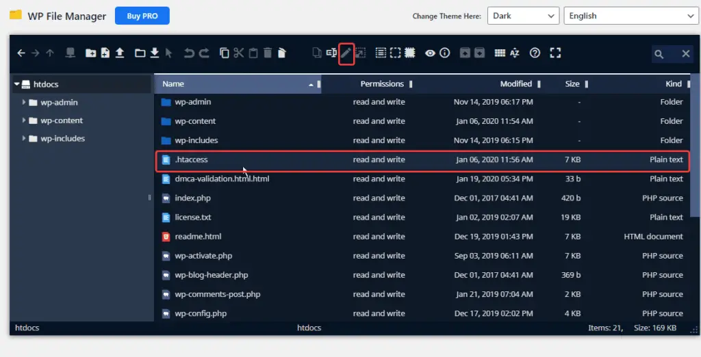 edit .httscces edit htacess file on WordPress directory
