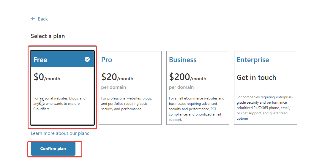 Choose Cloudflare Plan