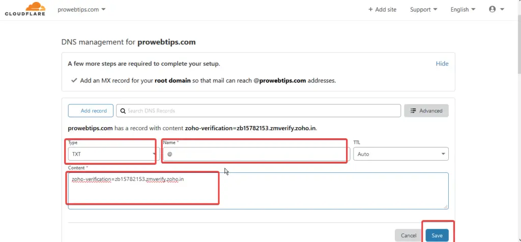 Cloudflare DNS Manager Adding TXT Record