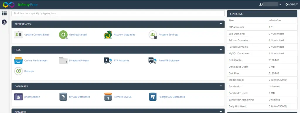 InfinityFree cPanel Dashboard