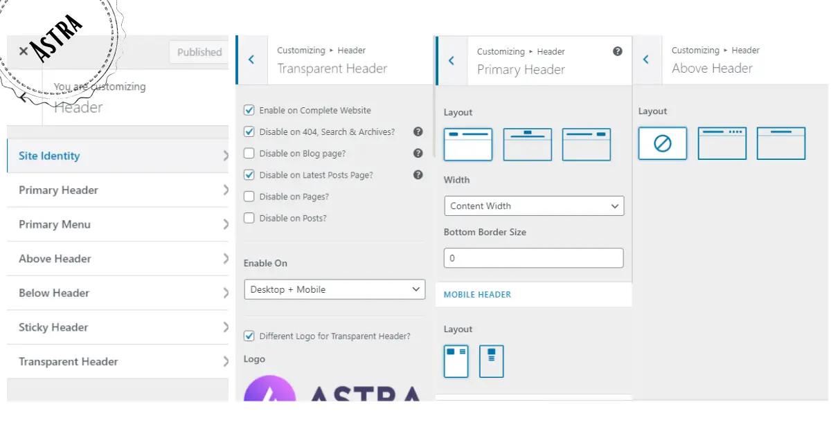 Header Customization of Astra