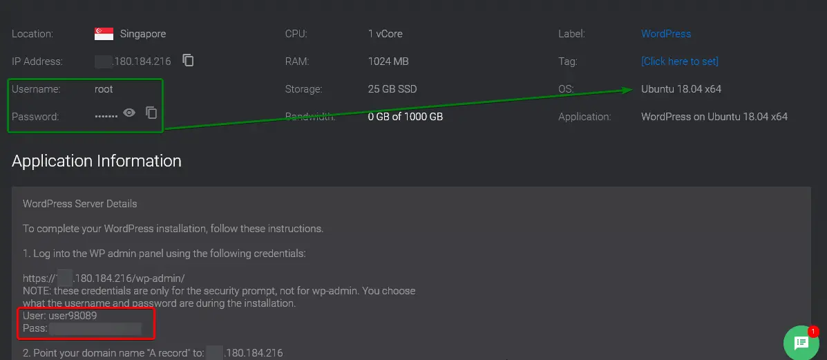 Vultr Cloud WordPress credentials