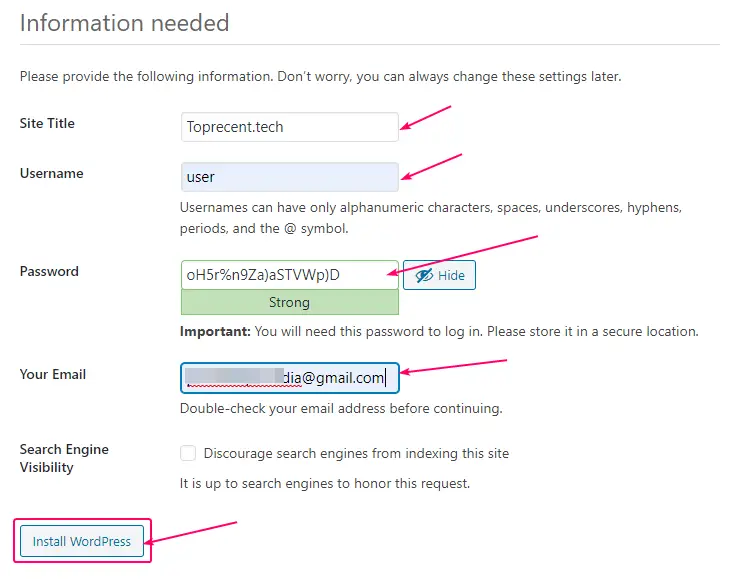 entering wordpress website credentials