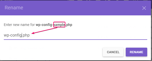 renaming wp-config-sample.php to wp-config.php