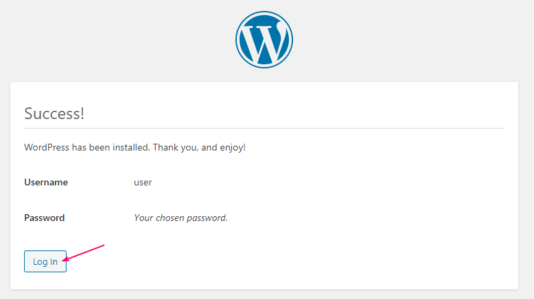 success message of wordpress installation