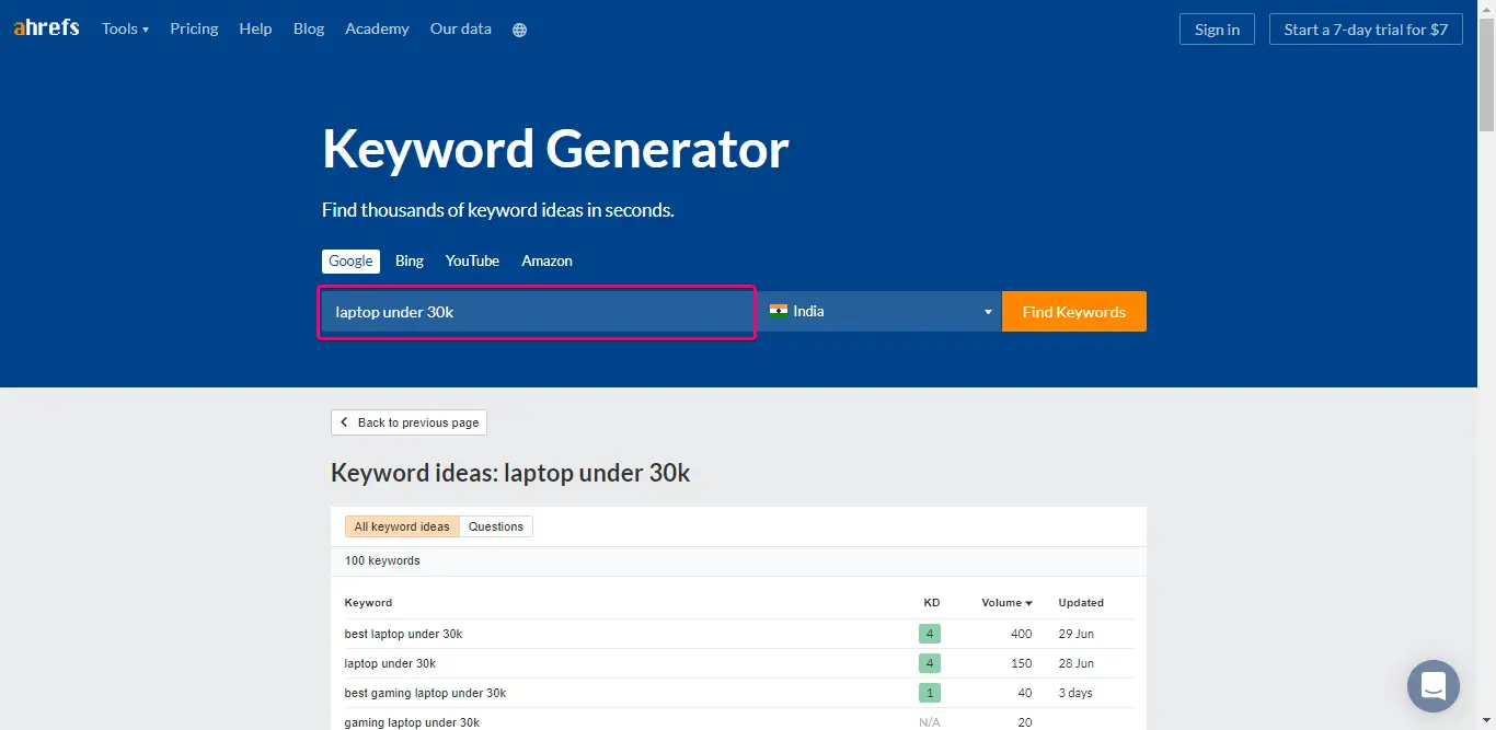 Ahref Keyword Generator free tools