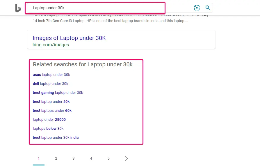 Bing shows related searches for keyword "laptop under 30k"