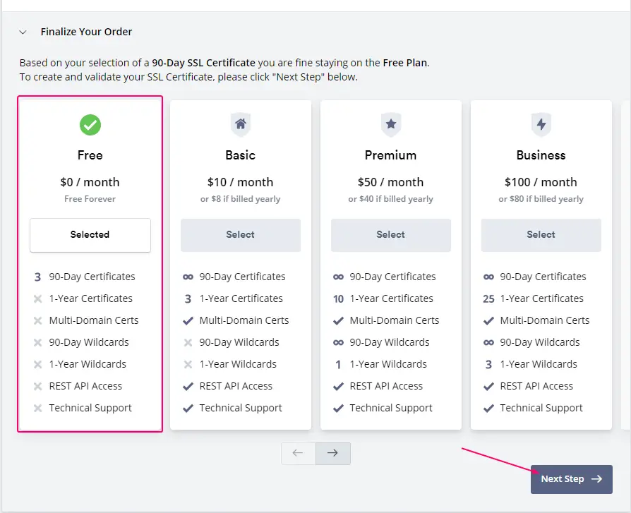 selecting free plan on sslforfree.com