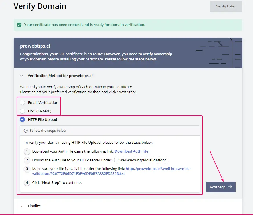 verifying domain name on sslforfree.com