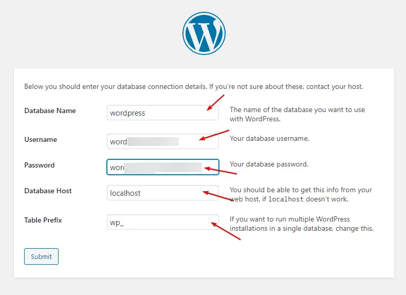 filling all the credentials of the database