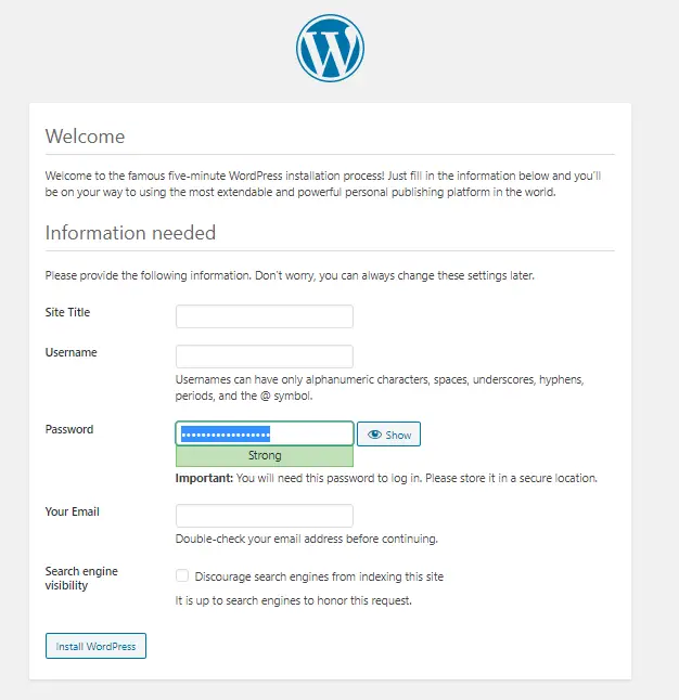 configure WordPress Admin credentials and Website Name