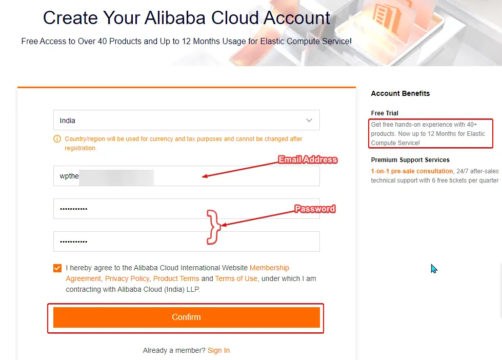 Create Account on Alibaba Cloud, Fill your Email and  Password for Sign Up process