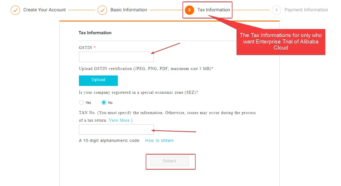 Filling Basic Information on Alibaba cloud