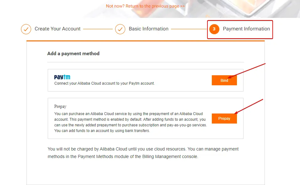 Filling Payment Information on Alibaba cloud, Adding payment method like Paytm, PayPal