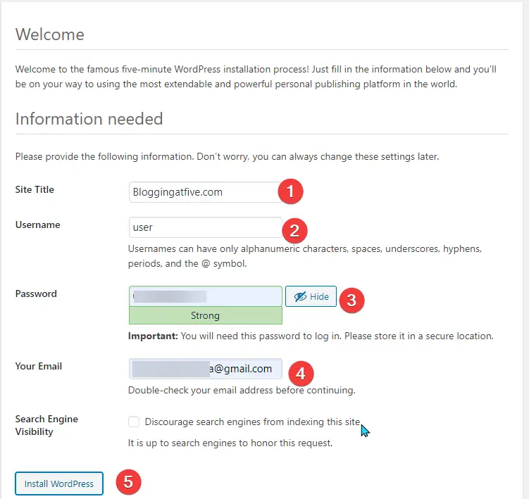 Post Configuration of WordPress, filling credentials