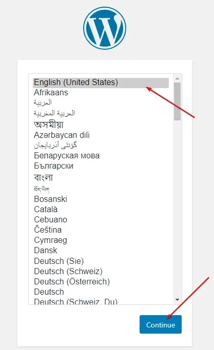 Post Configuration of WordPress  select language