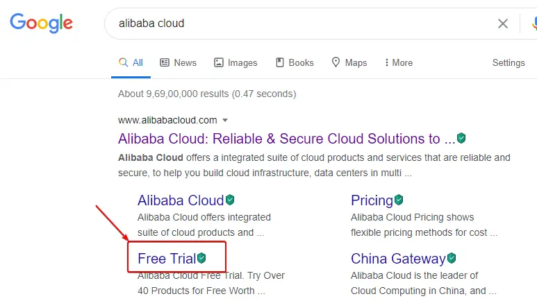 Search for Alibaba Cloud Free Trial for 12 Months or 1 Year