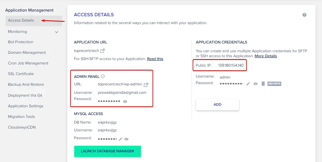 Access Details or Admin Credentials on Cloudways
