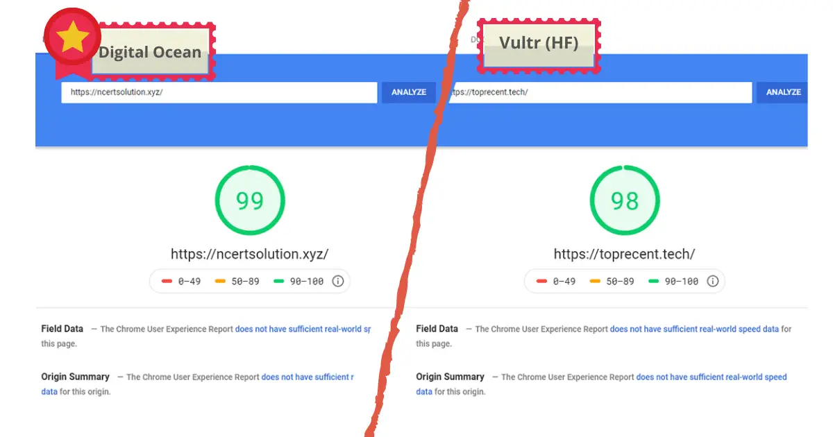 Google PageSpeed Test for Digital Ocean and Vultr Cloud