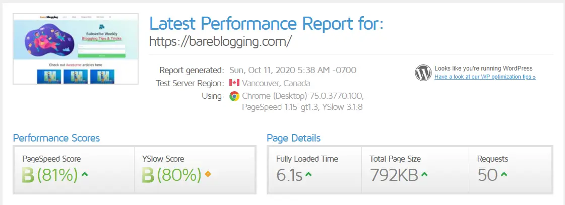 GTMetrix Speed Test before optimization