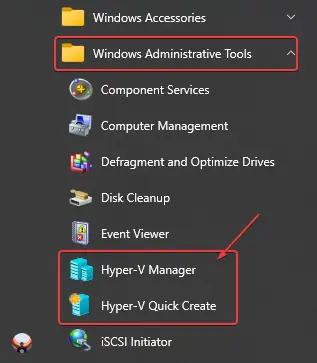 Hyper-V manager on Windows Administrator Tools folder