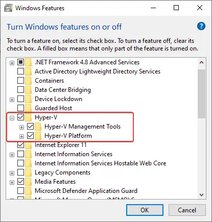 Turn Windows features on and off