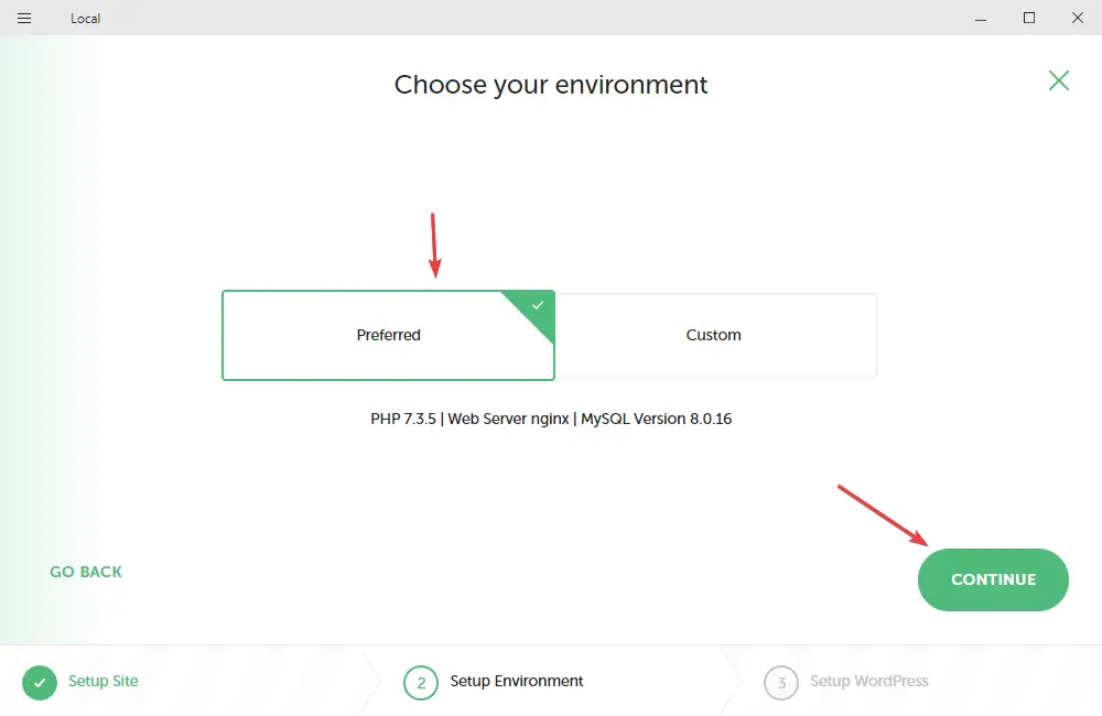 choose environment -local