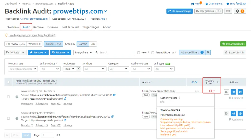 semrush Backlink audit toxicity