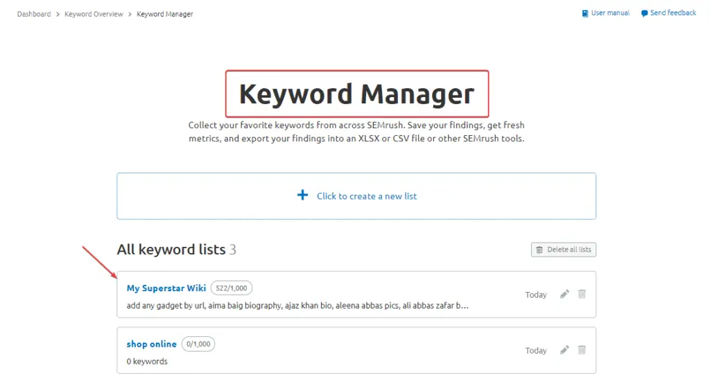 semrush keyword manager