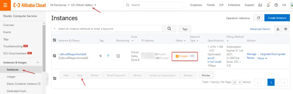 Stop Alibaba ECS instance to Change OS