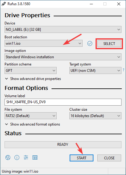 Open Rufus and select ISO image