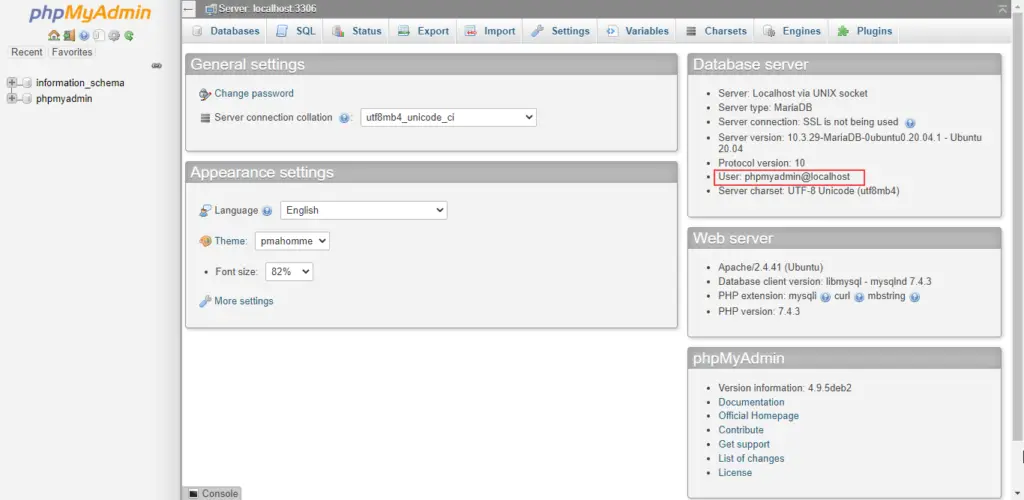 phpMyAdmin dashboard