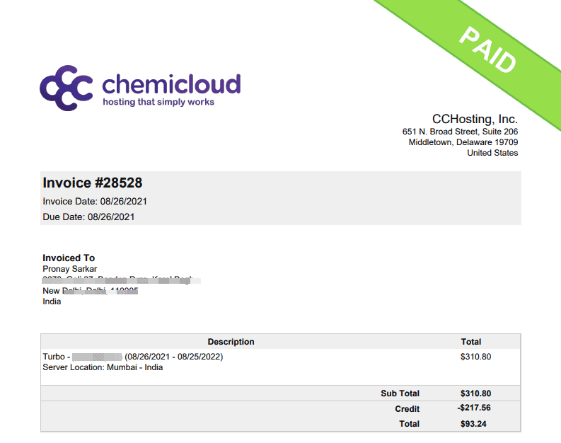 ChemiCloud Hosting Invoice