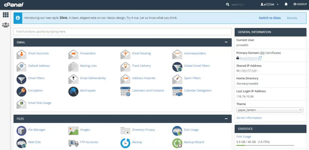 cPanel Dashboard Screenshot