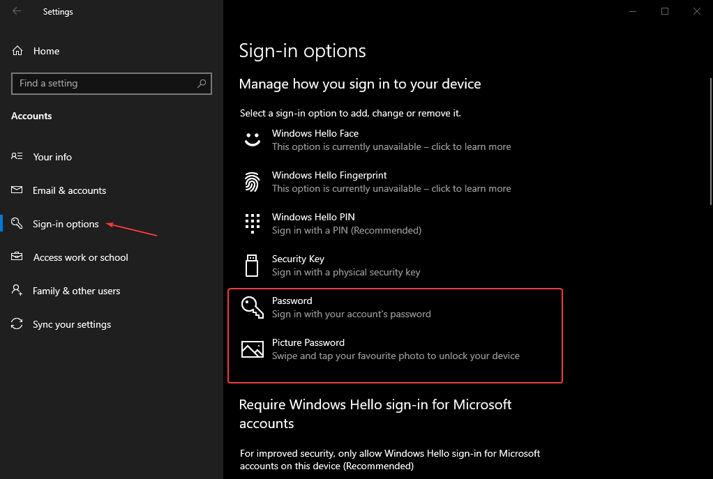 Missing Sign in options on Windows 10