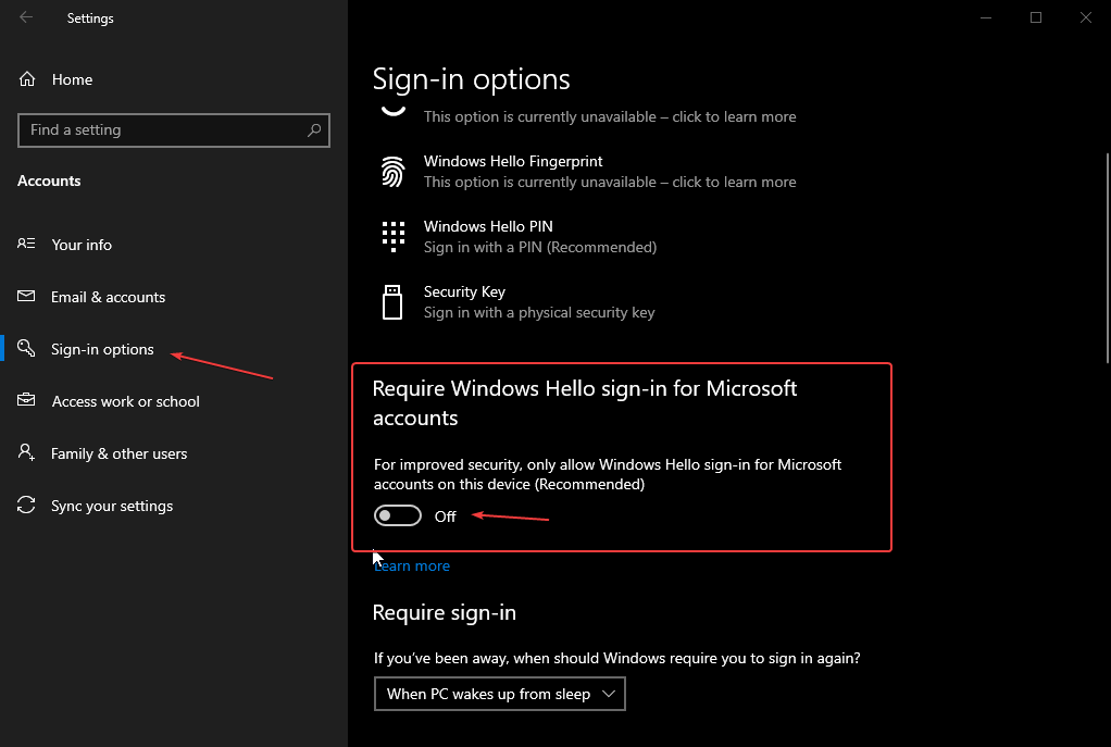 Toggle off Windows Hello Sign-in for Microsoft Account
