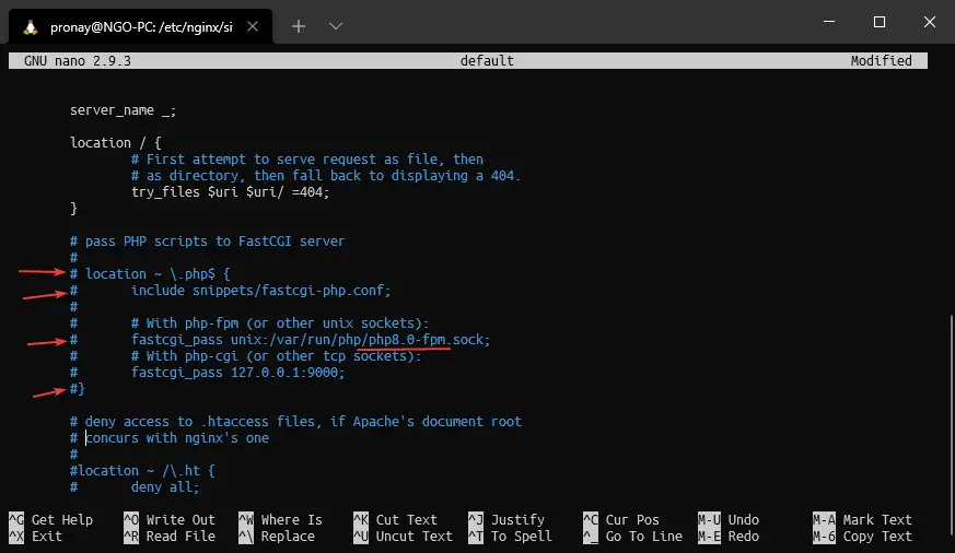 Editing Nginx default server block for configuring latest PHP