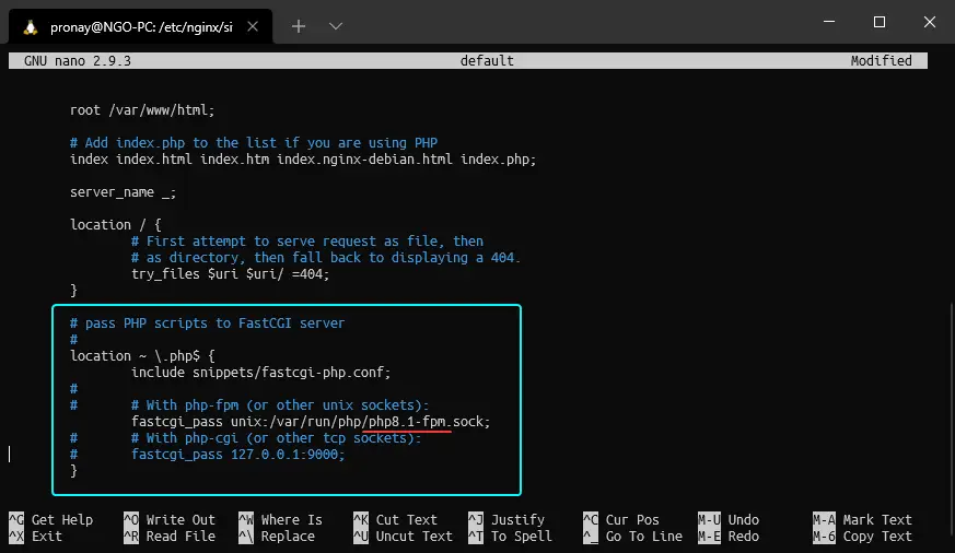 Modified Nginx default server block for configuring the latest PHP