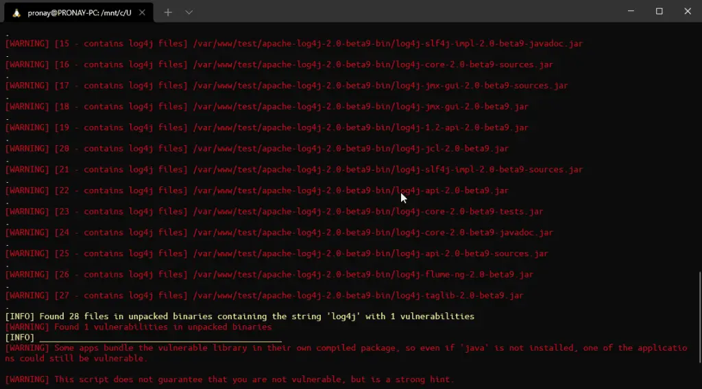 log4j vulnerability scans with warning