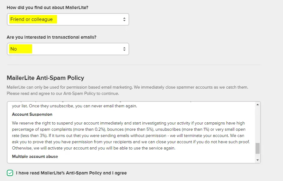 Accept MailerLite Anti-Spam Policy