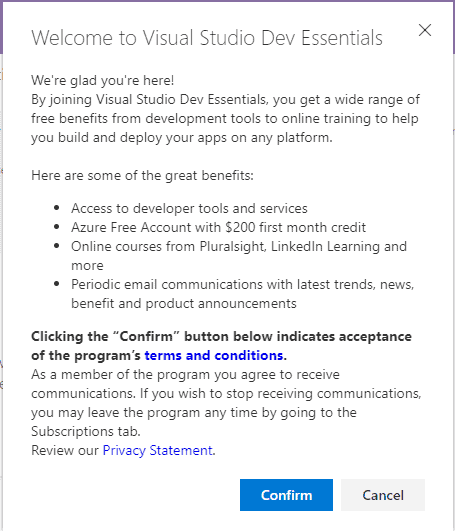 Accept Visual Studio Dev Essentials Terms and Conditions