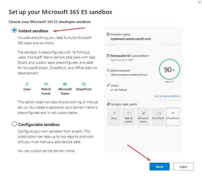 Choose Microsoft 365 E5 Sandbox - Set up options