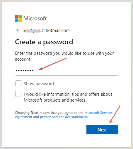 Create a new password for new Microsoft Account