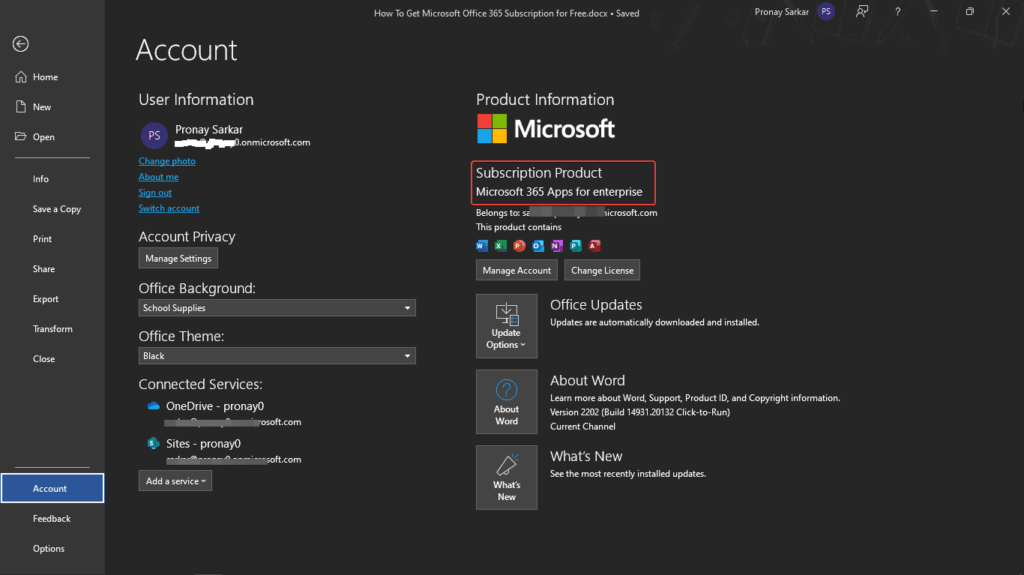 Microsoft Office 365 Installed Desktop App Account Information