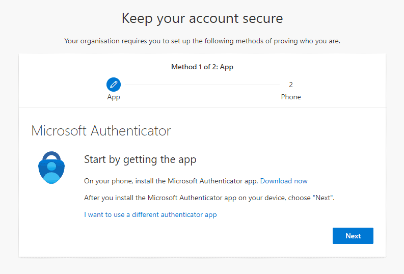 Set up two step authentication on Microsoft 365 Admin account