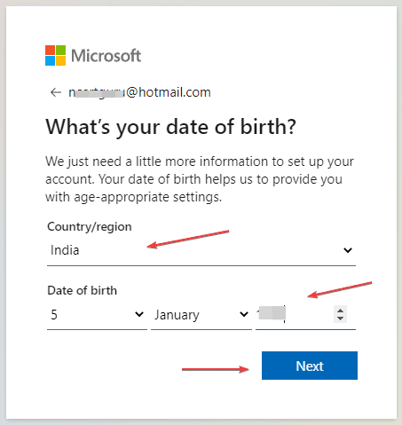 Specify Your Date of Birth to Create a New Microsoft Account