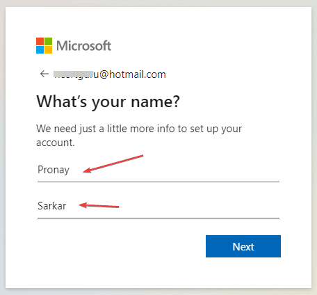 Specify Your Name to Create a New Microsoft Account