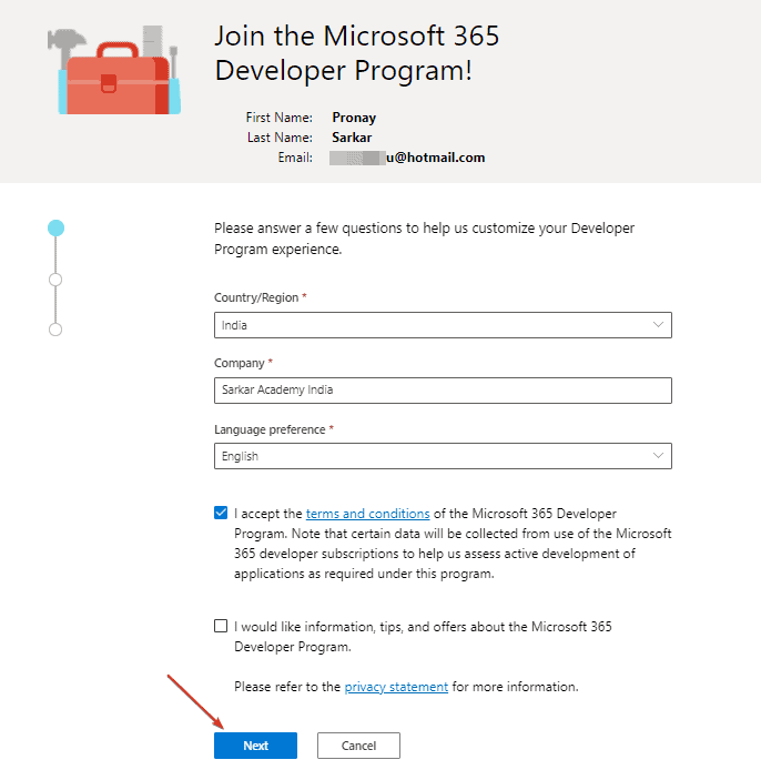To Join Microsoft 365 Developer Program Fill up Company Information