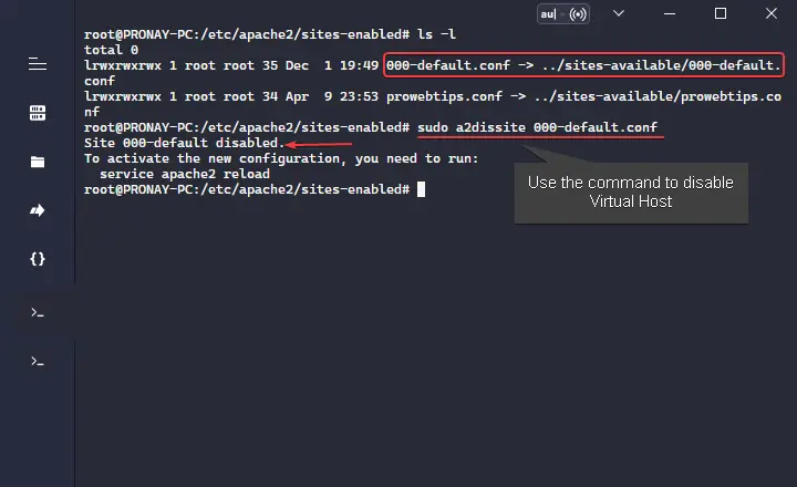 Use a2dissite command to disable vhost